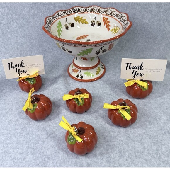 Temptations Old World Fall Harvest Pedestal Dish Candy & 6 Pumpkin Place Holders - Picture 1 of 11